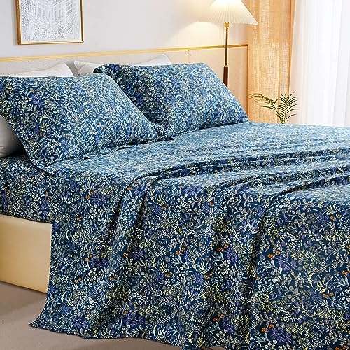 QSH 100% Cotton Sheets for Queen Size Bed - Blue Floral Plant Pattern Botanical Luxury Cotton Printed Floral Bedding Sheets Queen Soft and Breathable 4pcs Deep Pocket Queen Sheet Set - Image 2