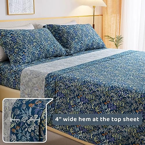 QSH 100% Cotton Sheets for Queen Size Bed - Blue Floral Plant Pattern Botanical Luxury Cotton Printed Floral Bedding Sheets Queen Soft and Breathable 4pcs Deep Pocket Queen Sheet Set - Image 5