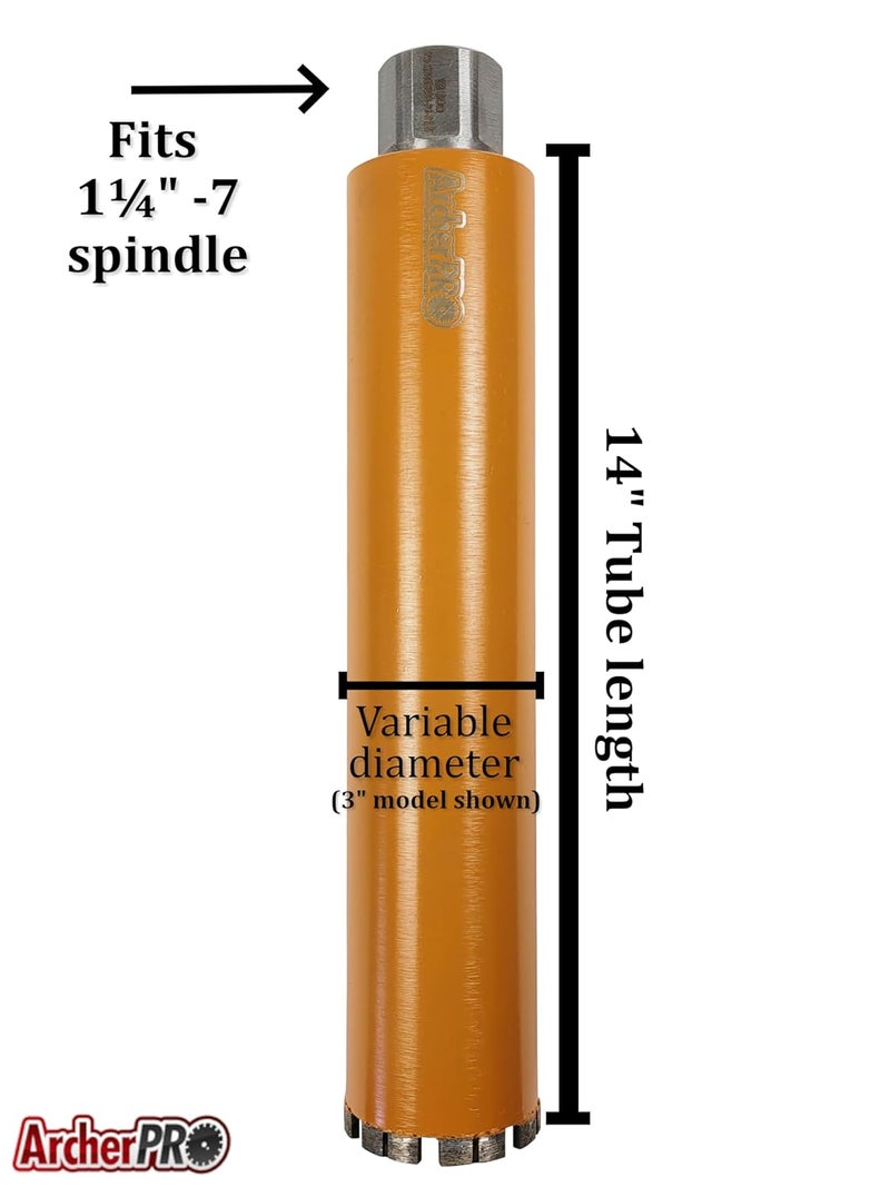 ArcherPro Archer PRO 2-1/2” in. Diamond Turbo Core Drill Bit/Hole Saw for Concrete Drilling and Masonry. 14” Drill Depth, 1-1/4” in. -7 Arbor for Core Drill Stand Rig, Dry and Wet Use - Image 3