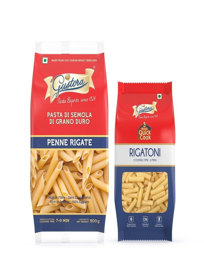 Gustora Healthy Penne Rigate & Rigatoni Pasta Combo Made Of Durum Wheat Semolina I Rich In Protein& Fibre I Zero Cholesterol I Vegetarian I No Trans - Fat I Cooking Time 10 Min - 700 Gm - Image 1