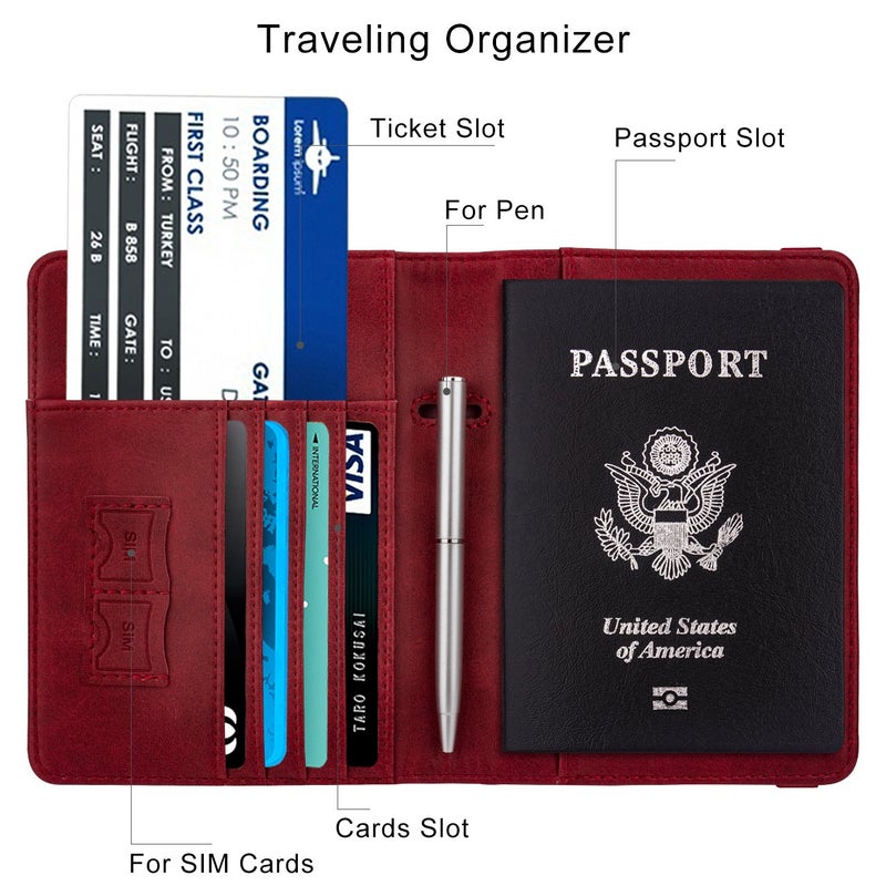 WALNEW Passport Holder for Travel, RFID Passport Cover Wallet for Women Men, PU Leather Passport Book Card Holder Case with Pen, Travelling Essentials for Flying - Image 3