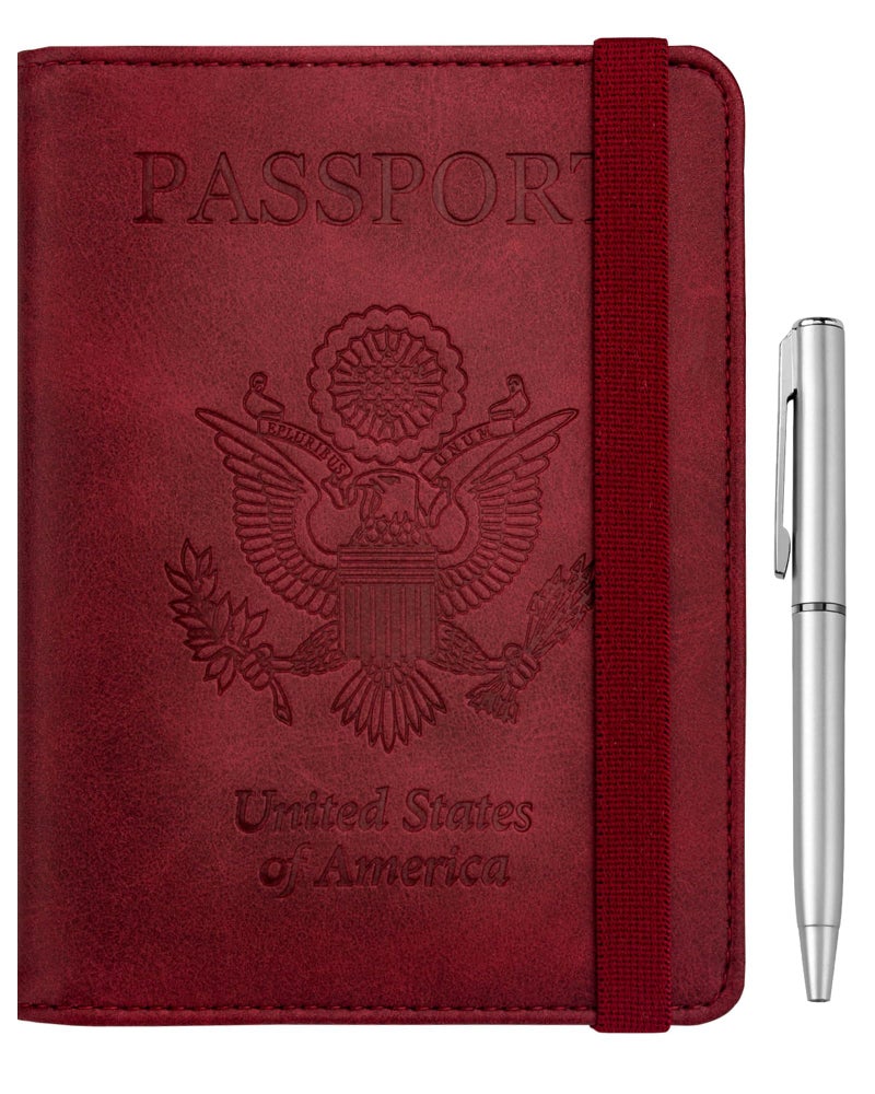 WALNEW Passport Holder for Travel, RFID Passport Cover Wallet for Women Men, PU Leather Passport Book Card Holder Case with Pen, Travelling Essentials for Flying - Image 1