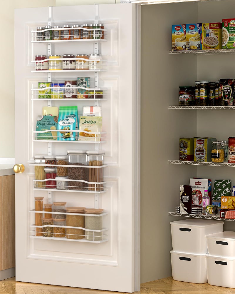Moforoco White 6-Tier Over Door Pantry Organizer, Pantry Organization Storage, Door Metal Hanging Spice Rack Basket Shelves, Home Kitchen Apartment Essentials, Laundry Room Bathroom Organization - Image 2