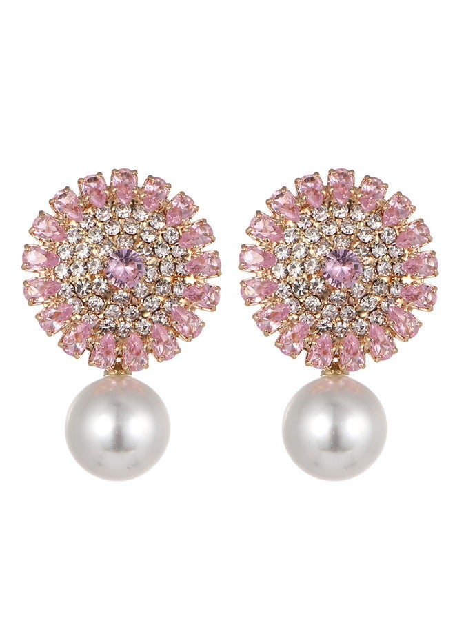 spa luxetique Exquisite full-zircon large flower-shaped pearl copper plated with 18K gold stud earrings, large earrings, with anti-allergy earring pink design. for girlfriends and lovers. - Image 2