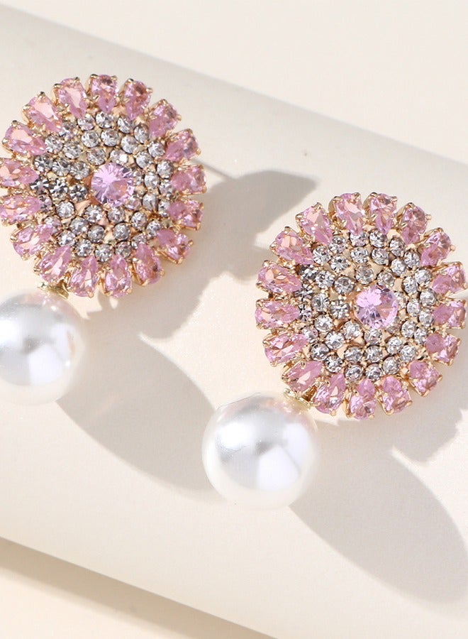 spa luxetique Exquisite full-zircon large flower-shaped pearl copper plated with 18K gold stud earrings, large earrings, with anti-allergy earring pink design. for girlfriends and lovers. - Image 1