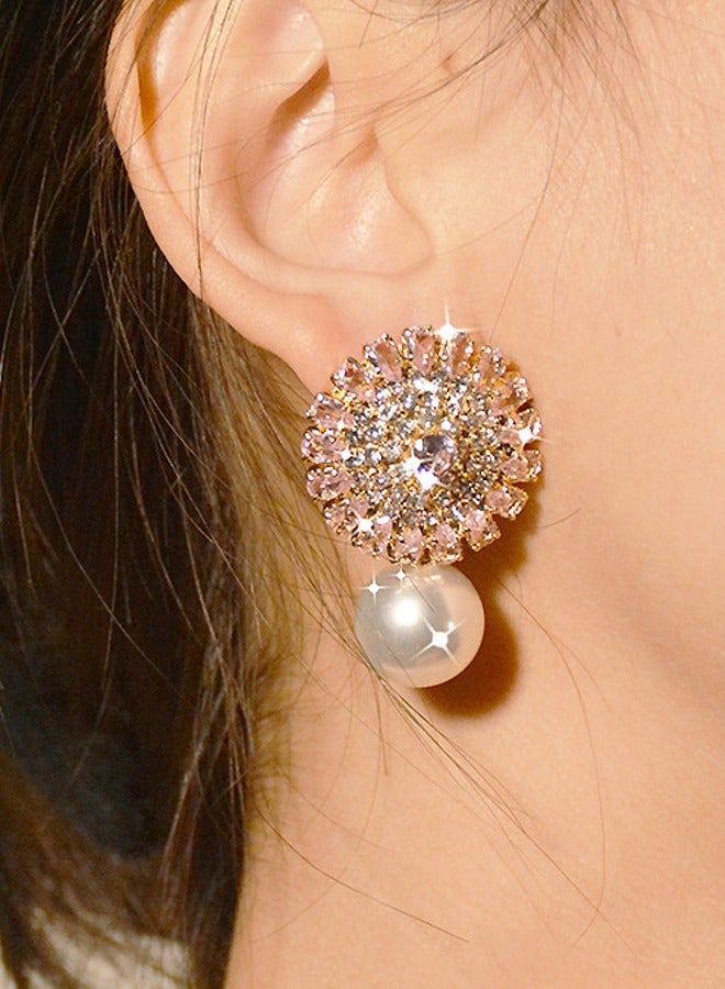 spa luxetique Exquisite full-zircon large flower-shaped pearl copper plated with 18K gold stud earrings, large earrings, with anti-allergy earring pink design. for girlfriends and lovers. - Image 3