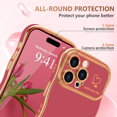 LCHULLE for iPhone 15 Pro Max Case for Women Girls, Cute Wave Frame Curly Shape with Love Heart Raised Camera Protection Cover Luxury Plating Shockproof Phone Case for iPhone 15 Pro Max, Faint Red - Image 4