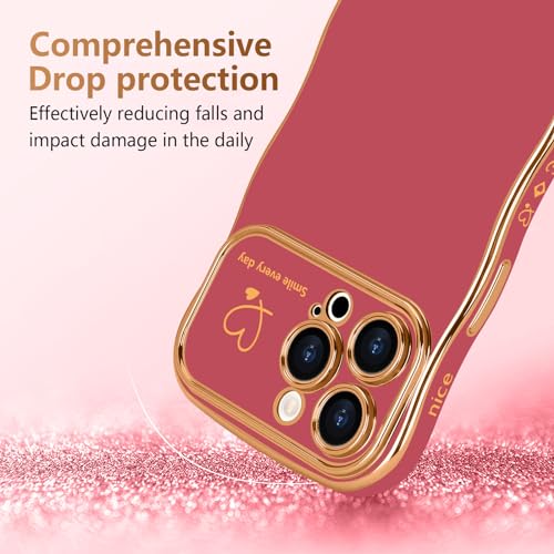 LCHULLE for iPhone 15 Pro Max Case for Women Girls, Cute Wave Frame Curly Shape with Love Heart Raised Camera Protection Cover Luxury Plating Shockproof Phone Case for iPhone 15 Pro Max, Faint Red - Image 3
