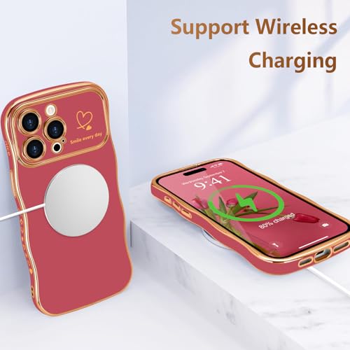 LCHULLE for iPhone 15 Pro Max Case for Women Girls, Cute Wave Frame Curly Shape with Love Heart Raised Camera Protection Cover Luxury Plating Shockproof Phone Case for iPhone 15 Pro Max, Faint Red - Image 5