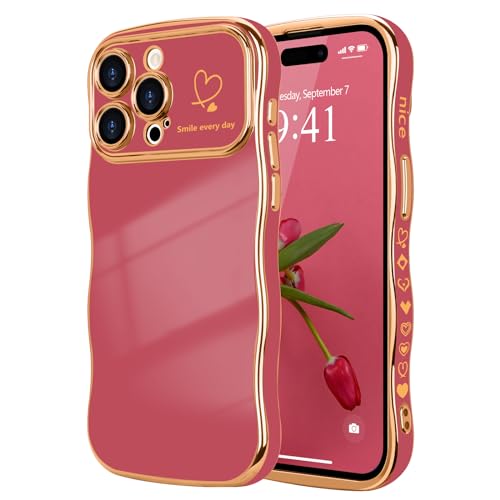LCHULLE for iPhone 15 Pro Max Case for Women Girls, Cute Wave Frame Curly Shape with Love Heart Raised Camera Protection Cover Luxury Plating Shockproof Phone Case for iPhone 15 Pro Max, Faint Red - Image 1