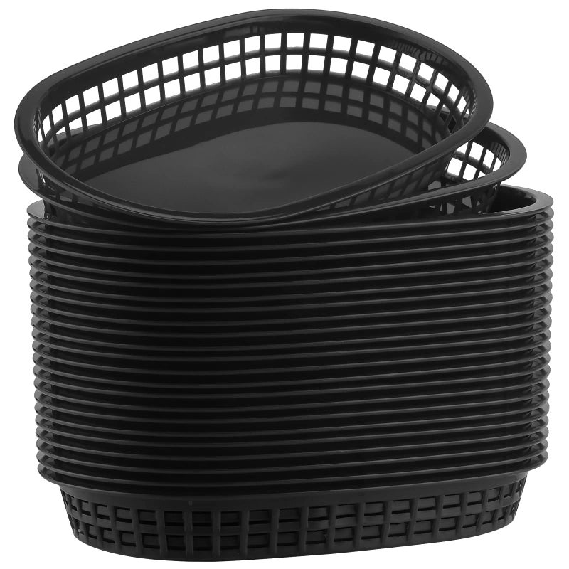 Hozeon 24 Pack 10.5 X 7 Inches Fast Food Baskets  Plastic Serving Baskets  Oval Bread Fry Baskets Deli Baskets Restaurant Food Service Trays For Burgers  Sandwiches  Barbecues  Black - Image 1
