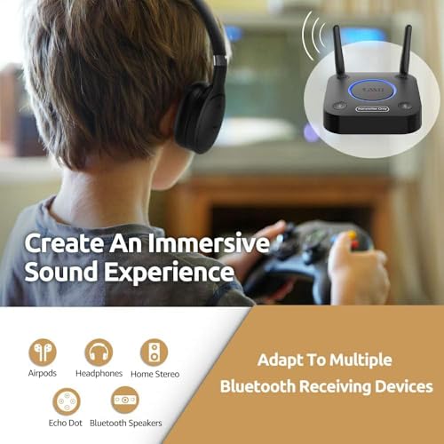 1mii مرسل بلوتوث 5.2 من 1Mii B06TX للتلفاز إلى سماعات الرأس/المكبرات الصوتية اللاسلكية، محول بلوتوث للتلفاز مع تحكم في الصوت، مدخلات صوتية AUX/RCA/بصرية/محورية، توصيل وتشغيل، aptX تأخير منخفض وHD - Image 4