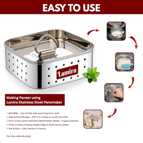Lamira Stainless Steel Paneer Maker Mould Press – Square Paneer & Tofu Press Machine with Lid, Sprout Maker Box Stainless Steel, Paneer Strainer for Homemade Paneer or Tofu (Large, 550ml Capacity) - Image 2