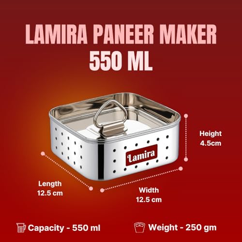 Lamira Stainless Steel Paneer Maker Mould Press – Square Paneer & Tofu Press Machine with Lid, Sprout Maker Box Stainless Steel, Paneer Strainer for Homemade Paneer or Tofu (Large, 550ml Capacity) - Image 3