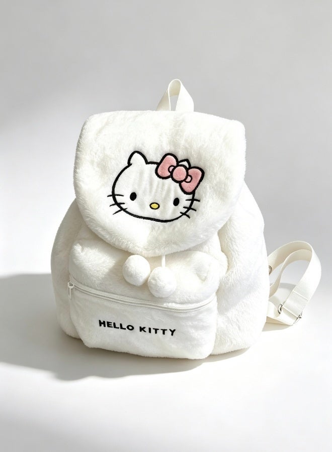 Sanrio Cute Hello Kitty Plush Backpack Soft Fluffy Cartoon Cat Backpack with Pom-pom Decor Large Capacity Casual Daypack for Girls Students Travel Daily Use - Image 1