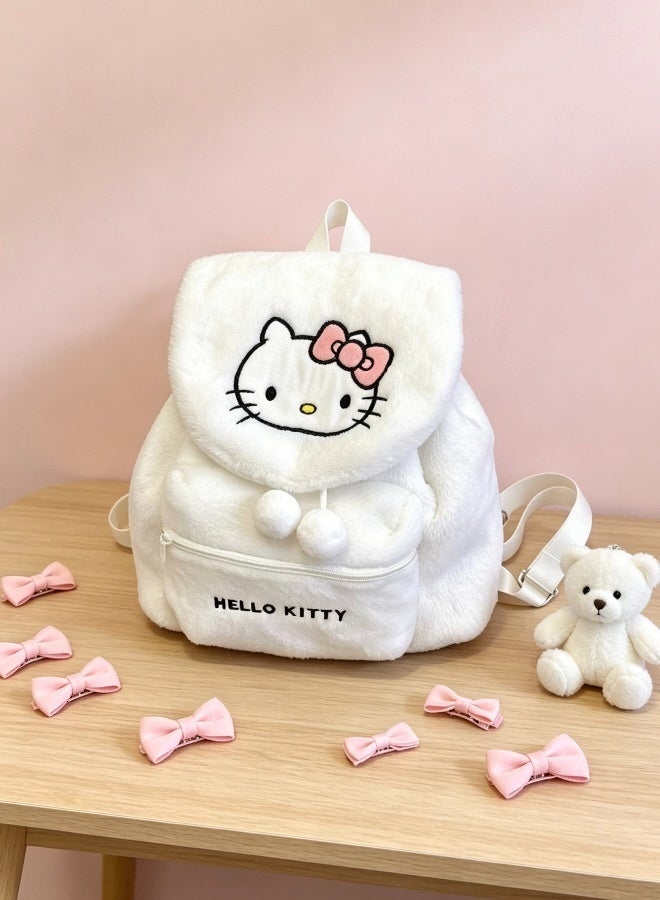 Sanrio Cute Hello Kitty Plush Backpack Soft Fluffy Cartoon Cat Backpack with Pom-pom Decor Large Capacity Casual Daypack for Girls Students Travel Daily Use - Image 4
