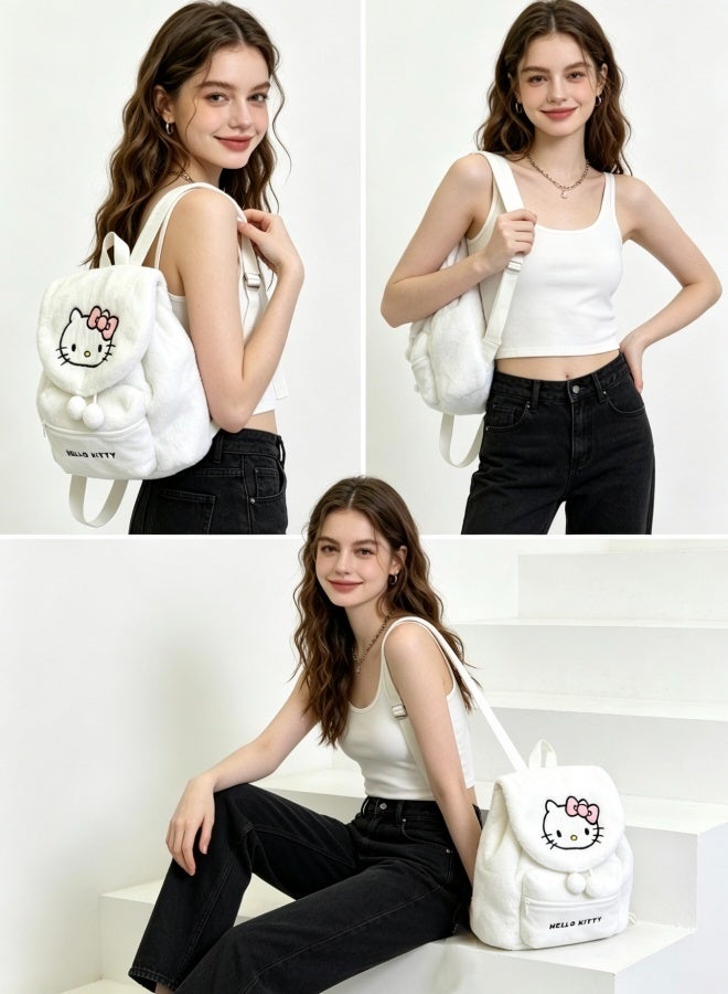 Sanrio Cute Hello Kitty Plush Backpack Soft Fluffy Cartoon Cat Backpack with Pom-pom Decor Large Capacity Casual Daypack for Girls Students Travel Daily Use - Image 3