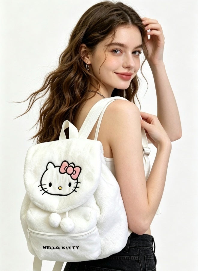 Sanrio Cute Hello Kitty Plush Backpack Soft Fluffy Cartoon Cat Backpack with Pom-pom Decor Large Capacity Casual Daypack for Girls Students Travel Daily Use - Image 2