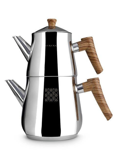 Stainless Steel Turkish Teapot Set, 1L Teapot & 2L Lower Pot, Double-Stacked Design, Induction Compatible, Mirror Polished Finish, Serenk Definition Series