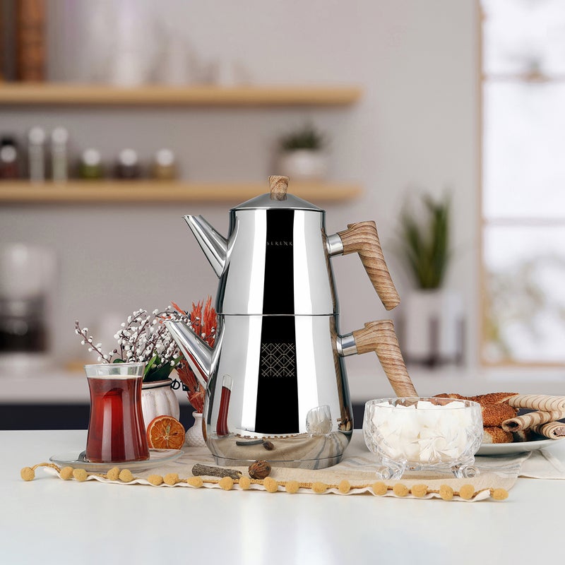 سيرينك طقم إبريق شاي تركي من الستانلس ستيل، إبريق علوي بسعة 1 لتر وإبريق سفلي بسعة 2 لتر، تصميم مزدوج متراص، متوافق مع الطباخات الحثّية (Induction)، بلمسة نهائية مصقولة كالمرآة، من سلسلة Serenk Definition - Image 3