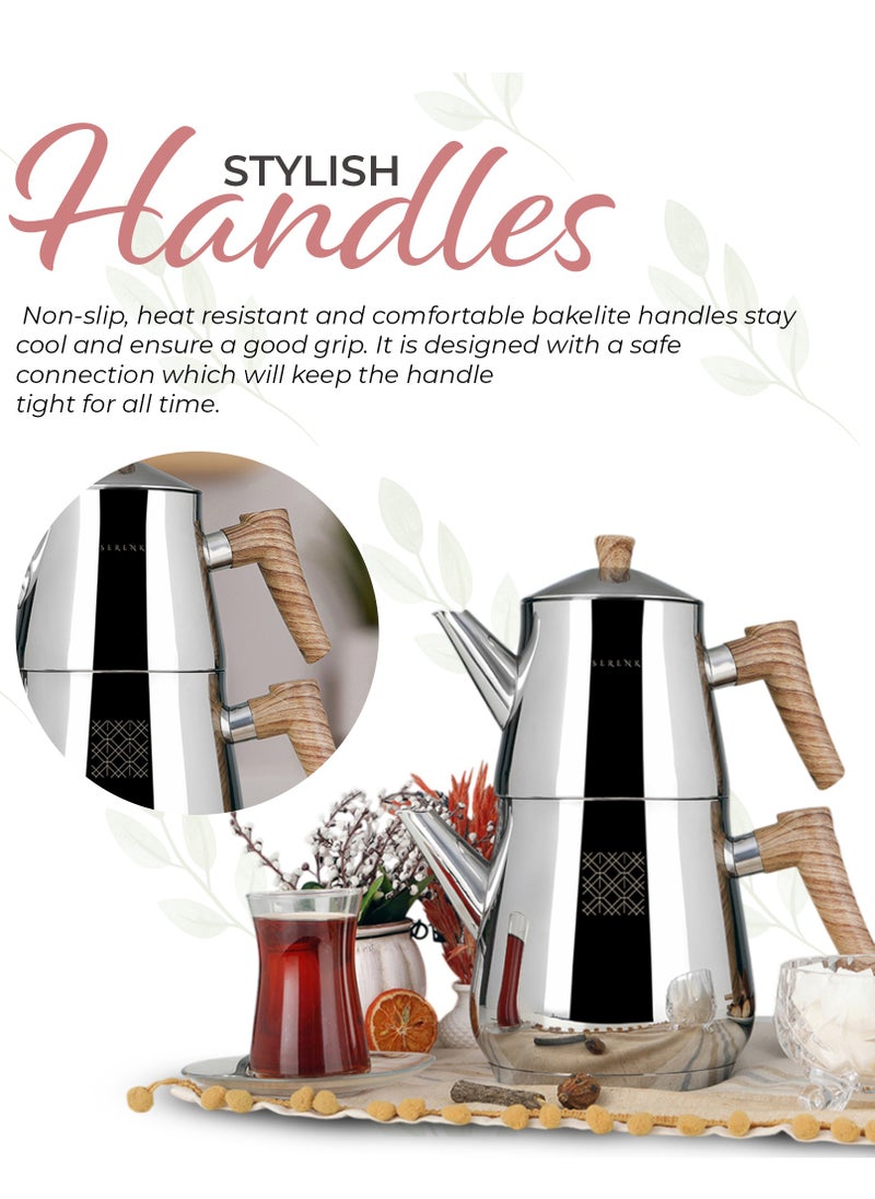 Serenk - Stainless Steel Turkish Teapot Set, 1L Teapot & 2L Lower Pot, Double-Stacked Design, Induction Compatible, Mirror Polished Finish, Serenk Definition Series - Image 1