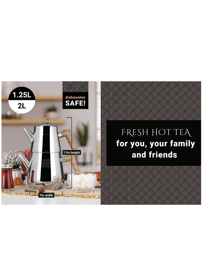 Serenk - Stainless Steel Turkish Teapot Set, 1L Teapot & 2L Lower Pot, Double-Stacked Design, Induction Compatible, Mirror Polished Finish, Serenk Definition Series - Image 1