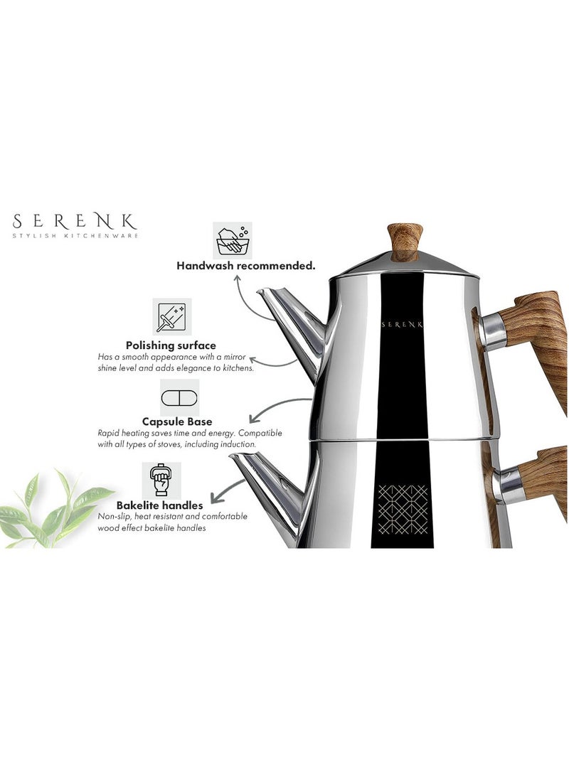 Serenk - Stainless Steel Turkish Teapot Set, 1L Teapot & 2L Lower Pot, Double-Stacked Design, Induction Compatible, Mirror Polished Finish, Serenk Definition Series - Image 1