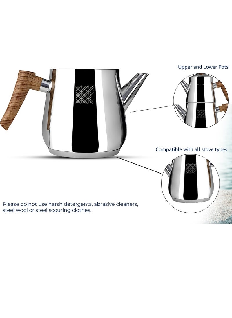 Serenk - Stainless Steel Turkish Teapot Set, 1L Teapot & 2L Lower Pot, Double-Stacked Design, Induction Compatible, Mirror Polished Finish, Serenk Definition Series - Image 1