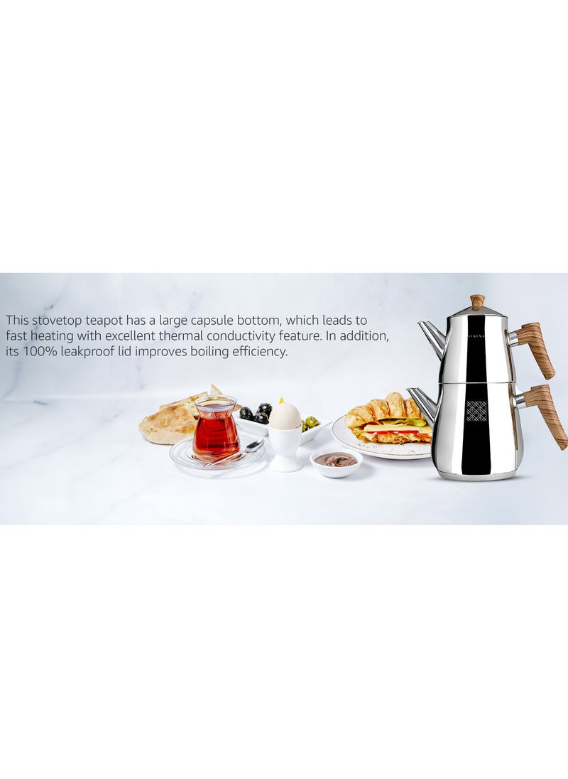 Serenk - Stainless Steel Turkish Teapot Set, 1L Teapot & 2L Lower Pot, Double-Stacked Design, Induction Compatible, Mirror Polished Finish, Serenk Definition Series - Image 1