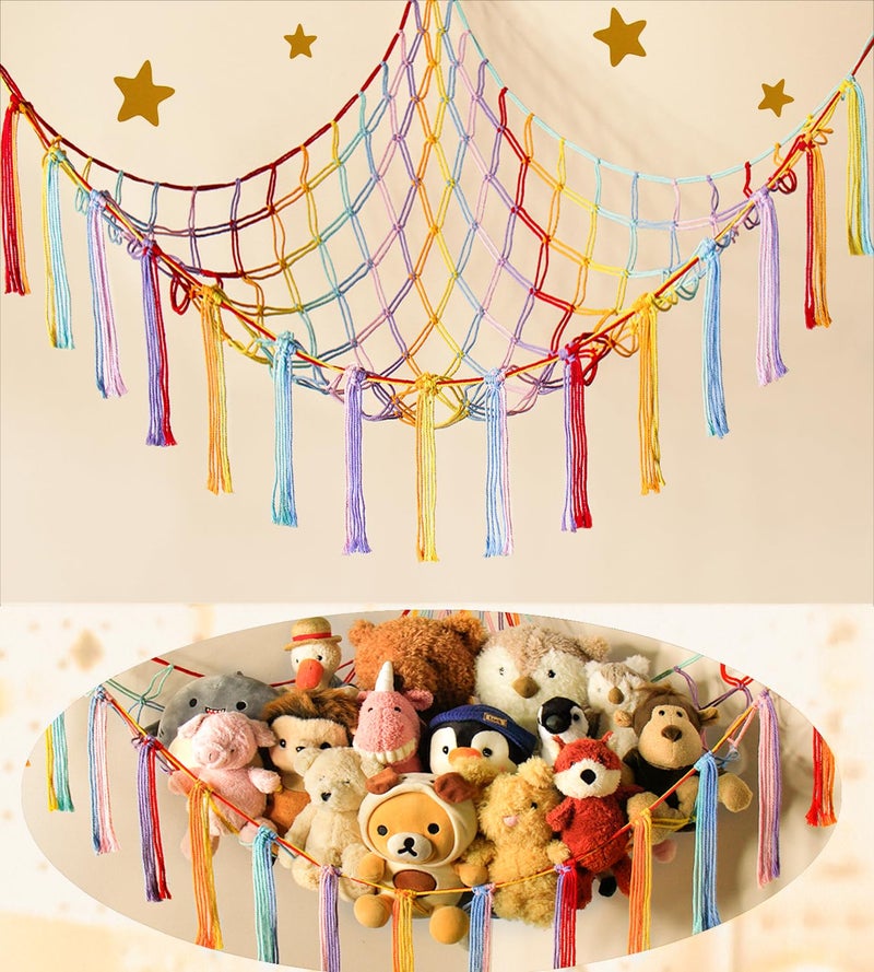 mirolam Stuffed Animal Hammock Corner Storage Net Cute Preppy Trendy Stuff Gifts for Teen Girls Baby Room Wall Nursery Decor Rainbow Color Colorful Unicorn Hanging Organizers XL Large - Image 1