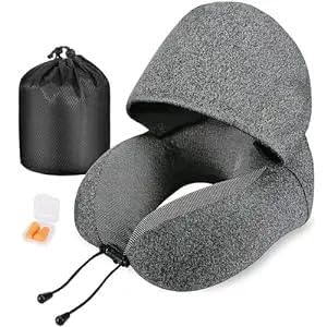 Jukmen Jukmen New 2024 Pillow for Neck Memory Foam Hooded Travel Neck Pillow for Adults Comfortable Neck Pillow for Travel with Hoodie Flight Pillow Airplane Pillow Travel Cushion for Plane Car Train  - Image 1