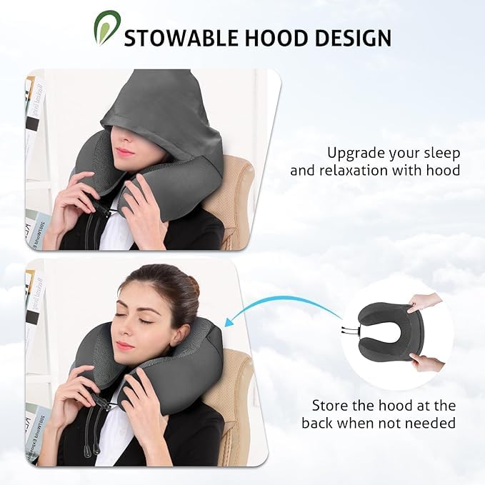 Jukmen Jukmen New 2024 Pillow for Neck Memory Foam Hooded Travel Neck Pillow for Adults Comfortable Neck Pillow for Travel with Hoodie Flight Pillow Airplane Pillow Travel Cushion for Plane Car Train  - Image 5
