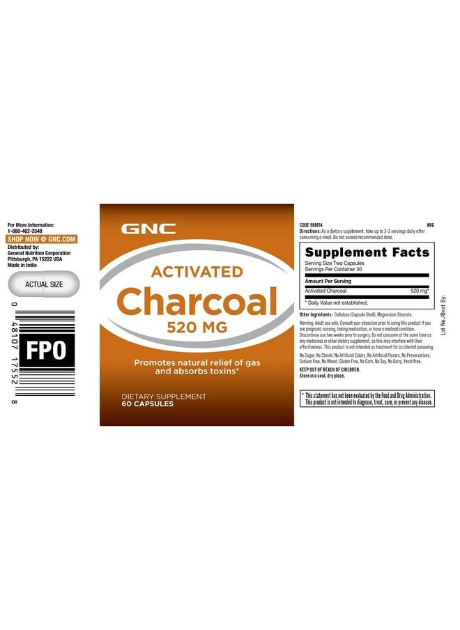 Activated Charcoal 520Mg 60 Capsules Supports Relief Of Gas And Absorbs Toxins
