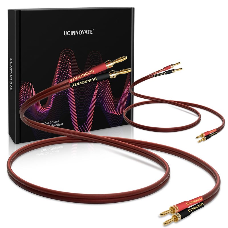 UCINNOVATE 2 Pack Highend Pure Copper HiFi OFC Speaker Wire Cable with Banana Plug 3m GoldPlated Banana Tip Plugs Male to Male 600 Strand 14 AWG for Audio Speaker HiFi System Home Theater 98FT