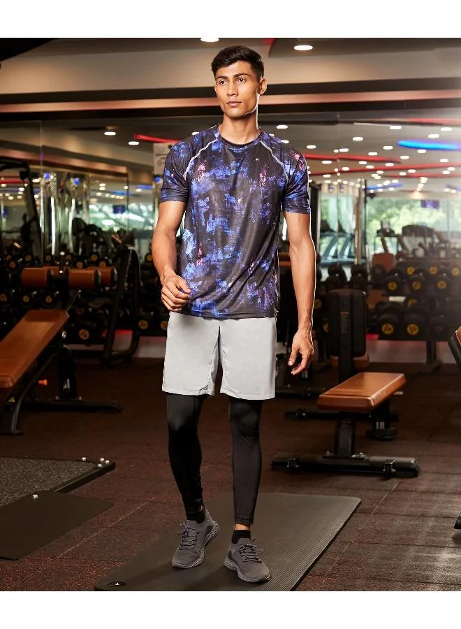 Campus Sutra CS Life Men's Onyx Black & Indigo Blue Abstract Activewear T-Shirt For Casual Wear | Crew Neck | Short Sleeve | Anti-Odor | Dri-Fit | Jersey T-Shirt Crafted With Comfort Fit & High-Performance