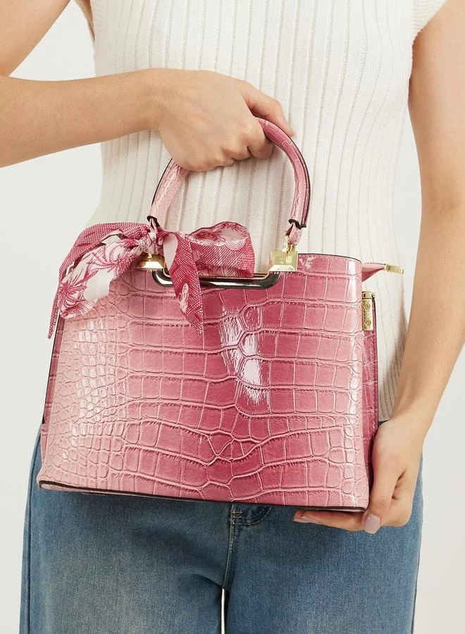 ستايلي Croc Skin Texture Handbag with Printed Scarf