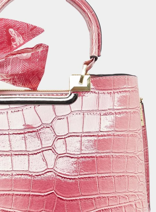 ستايلي Croc Skin Texture Handbag with Printed Scarf