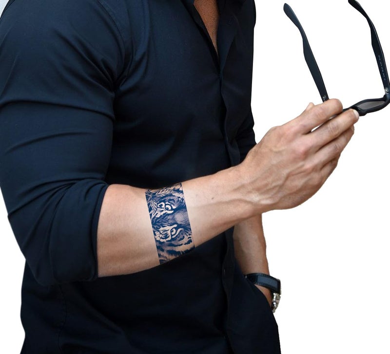 Semipermanent Temporary Tattoo Stickers 2025 days Lifespan For Men Women Boys Girls Waterproof 3D Realistic Arm Band Hand Compass Tatto Sticker Blue Coloured Temp Watertransfer Blue Tiger Face Design Temporary Tattoo Arm Band Style Size24X63cm GZBH014 - Image 2