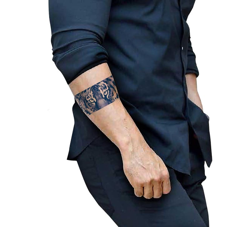 Semipermanent Temporary Tattoo Stickers 2025 days Lifespan For Men Women Boys Girls Waterproof 3D Realistic Arm Band Hand Compass Tatto Sticker Blue Coloured Temp Watertransfer Blue Tiger Face Design Temporary Tattoo Arm Band Style Size24X63cm GZBH014 - Image 1