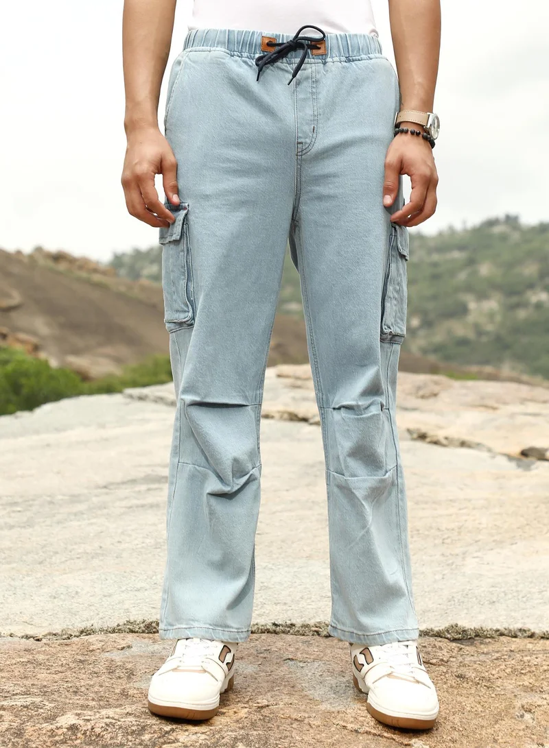 Campus Sutra Campus Sutra Men's Light Blue Straight-Parachute Utility Denim Jeans | Mid-Rise , Straight Hem , Drawstring Closure | Solid Denim | Denim Jeans For Casual Wear