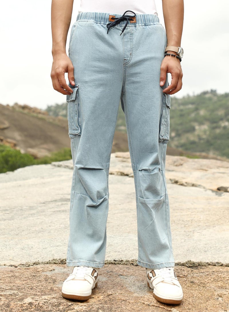 Campus Sutra Campus Sutra Men's Light Blue Straight-Parachute Utility Denim Jeans | Mid-Rise , Straight Hem , Drawstring Closure | Solid Denim | Denim Jeans For Casual Wear - Image 2