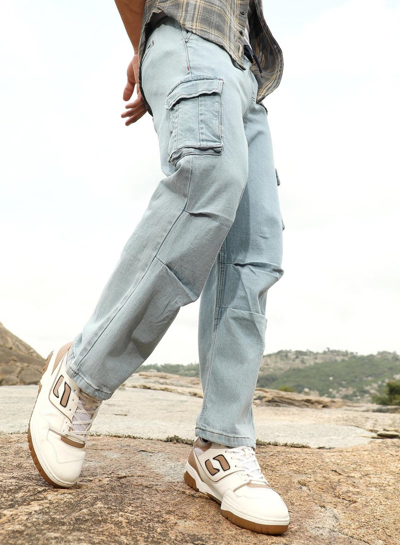 Campus Sutra Campus Sutra Men's Light Blue Straight-Parachute Utility Denim Jeans | Mid-Rise , Straight Hem , Drawstring Closure | Solid Denim | Denim Jeans For Casual Wear - Image 1