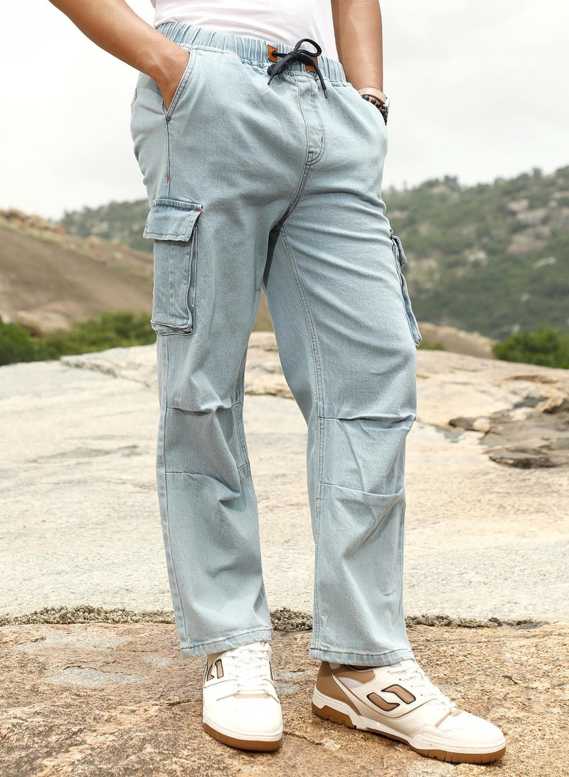 Campus Sutra Campus Sutra Men's Light Blue Straight-Parachute Utility Denim Jeans | Mid-Rise , Straight Hem , Drawstring Closure | Solid Denim | Denim Jeans For Casual Wear - Image 3