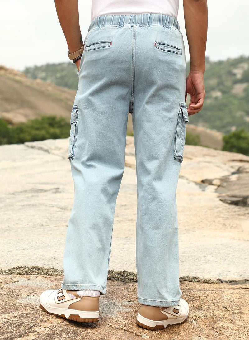 Campus Sutra Campus Sutra Men's Light Blue Straight-Parachute Utility Denim Jeans | Mid-Rise , Straight Hem , Drawstring Closure | Solid Denim | Denim Jeans For Casual Wear - Image 5