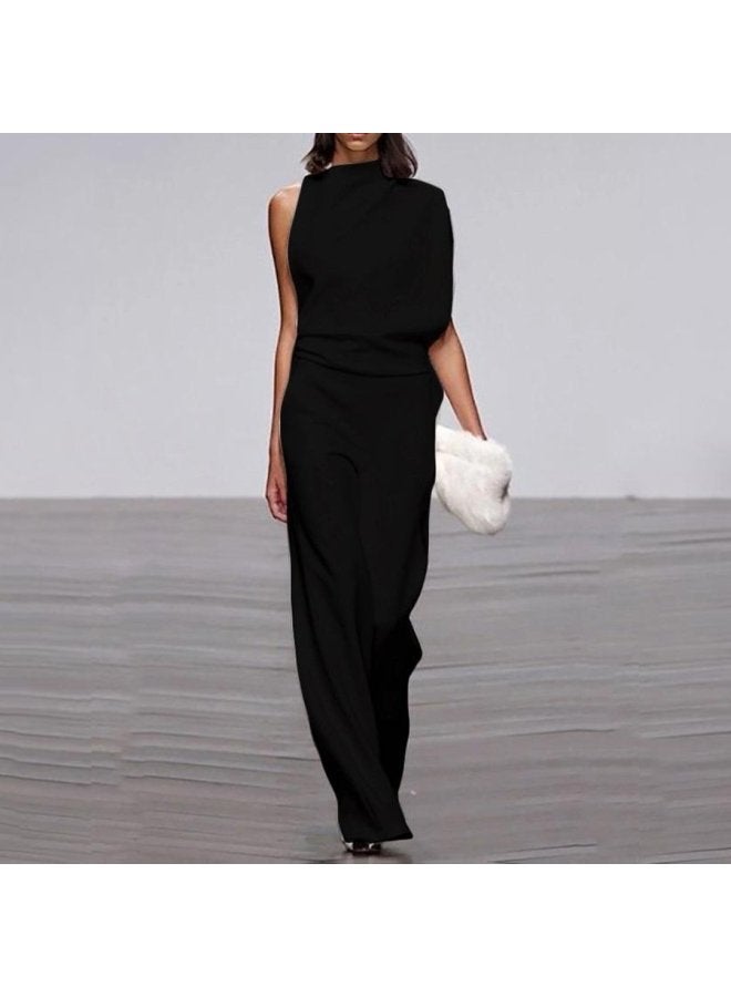 European And American Women's Shoulder Sleeve Casual Commuter Jumpsuit Fashion Solid Color Shoulder Dress Jumpsuit