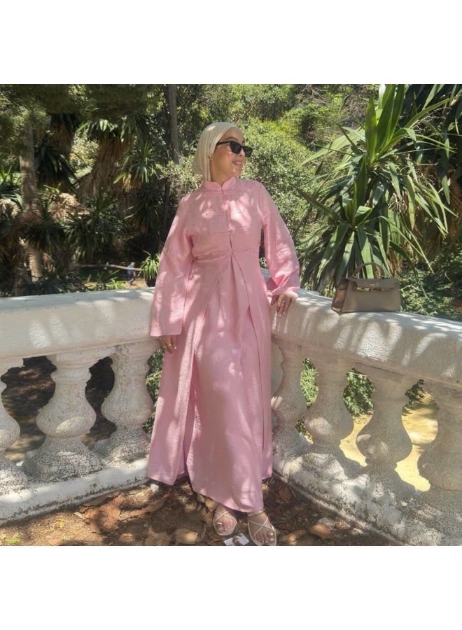 Women Mandarin Collar Frog Button 2 Piece Abaya Set Flared Sleeve Loose Maxi Dress - Image 1