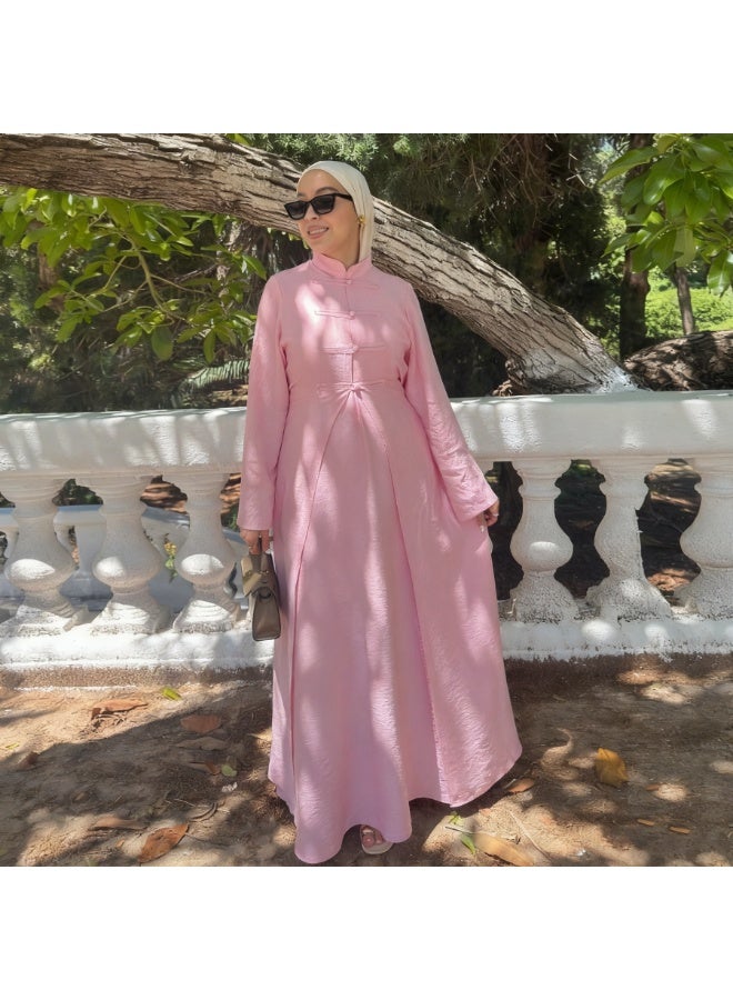 Women Mandarin Collar Frog Button 2 Piece Abaya Set Flared Sleeve Loose Maxi Dress - Image 2