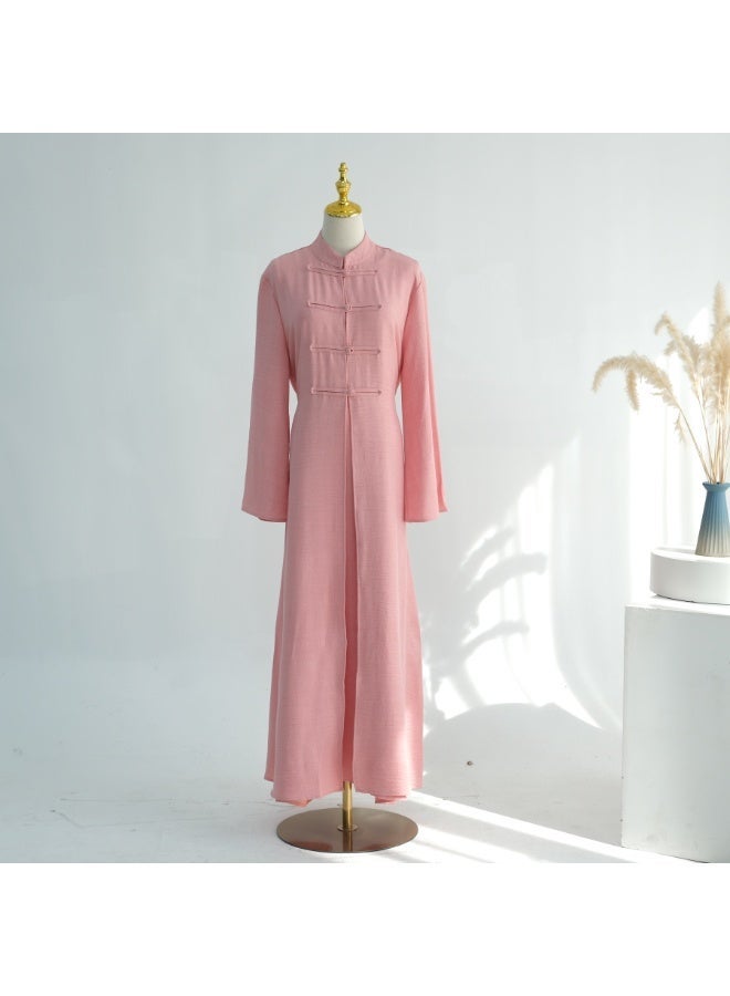 Women Mandarin Collar Frog Button 2 Piece Abaya Set Flared Sleeve Loose Maxi Dress - Image 3
