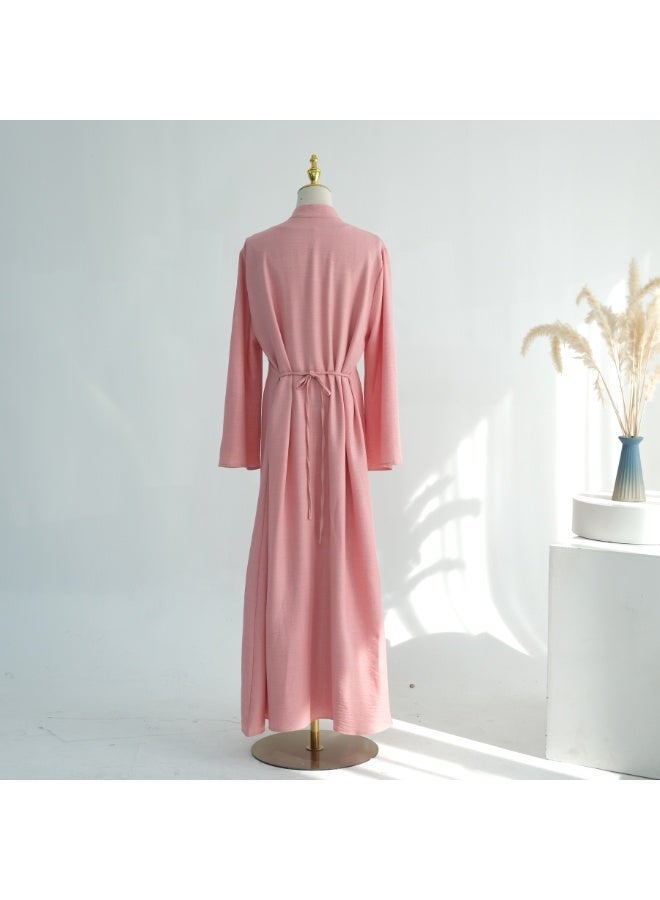 Women Mandarin Collar Frog Button 2 Piece Abaya Set Flared Sleeve Loose Maxi Dress - Image 4