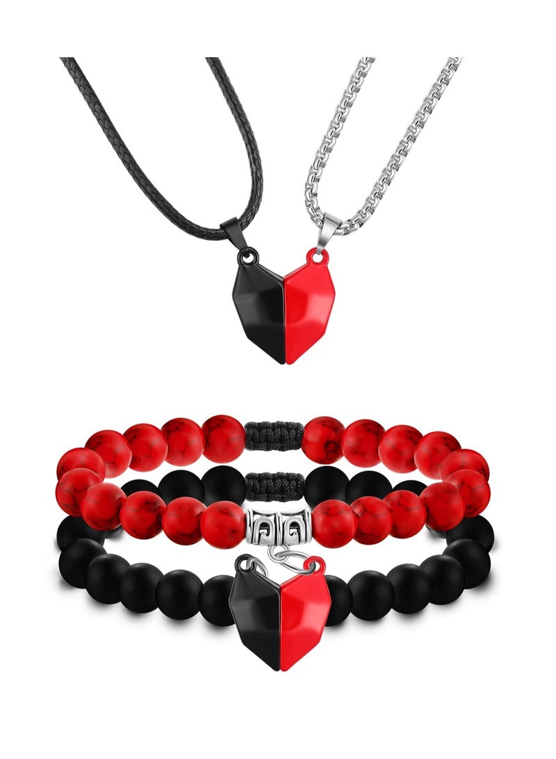 KASTWAVE 4 Pcs Couples Bracelets Necklace Set for Women Men Matching Bracelets Necklace Couples Magnetic Heart Necklace Bead Bracelet for Valentine's Day Natural Stone Bead Couple Jewelry - Image 1